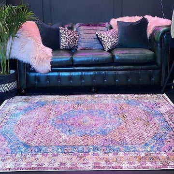Athena 24023 Traditional Moroccan Medallion Border Vintage Distressed Shimmer Soft-Touch Low Profile Short Pile Multicolour/Pink/Blue/Beige Rug-Think Rugs-Rug Love - The Most Loved Rug Store